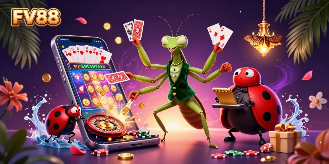 Experience FV88's vibrant online casino with a giant praying mantis card sharp and a ladybug pit boss in an energetic scene.