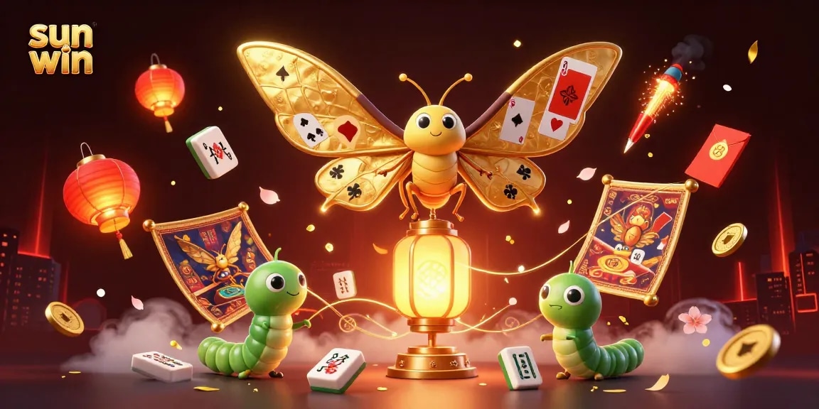 Win big with sun win's vibrant casino illustration of 3D moth and golden gaming elements.