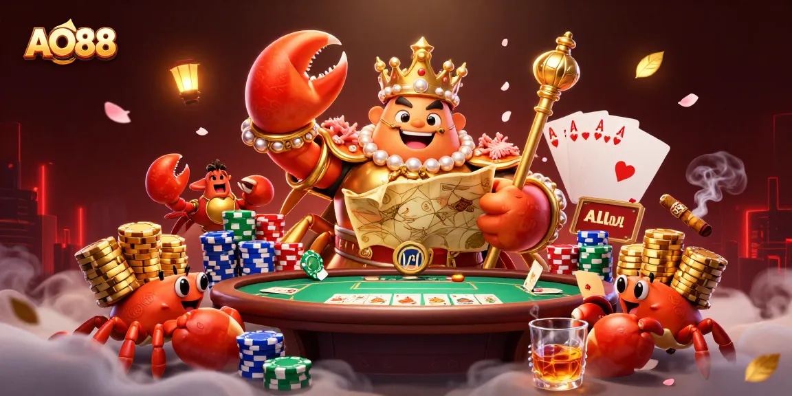 Experience the vibrant world of AO88 with a golden crab emperor and poker elements in play.