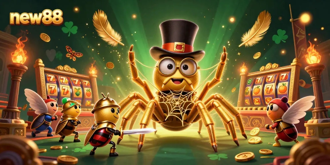 Join the thrilling action at new88 with golden tarantulas and beetle knights in a vibrant casino adventure.