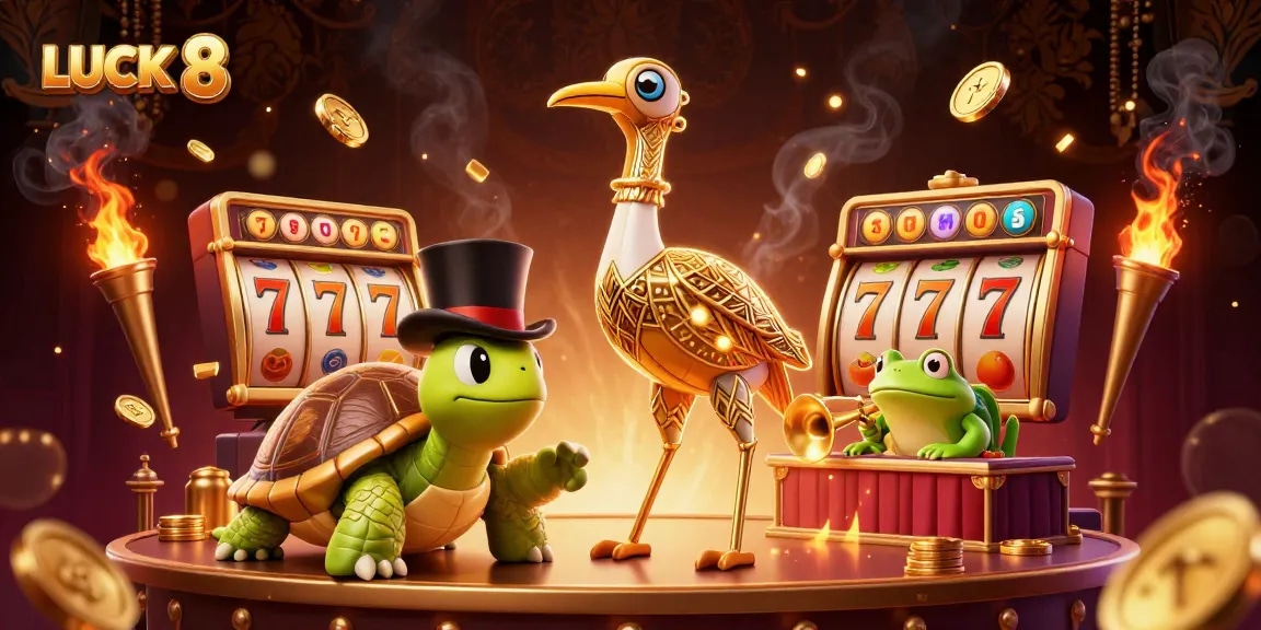 Players enjoying the excitement of LUCK 8 with slot machines, vibrant graphics, and a festive atmosphere.
