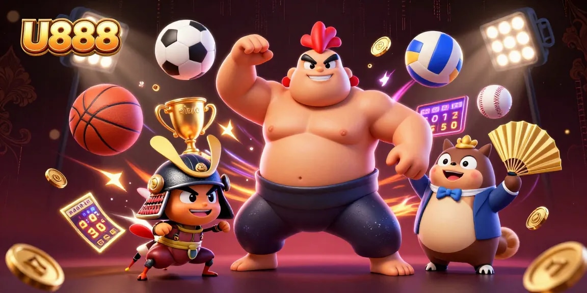 U888 showcases a sumo rooster, samurai cricket, and tanuki in a vibrant betting scene