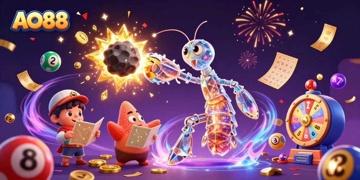 Experience immersive gaming at AO88 with vibrant illustrations of exciting casino elements.