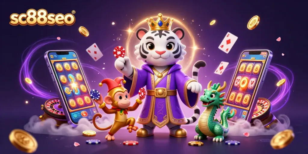 Experience thrilling gameplay with sc88seo as a white tiger and monkey engage in casino fun.