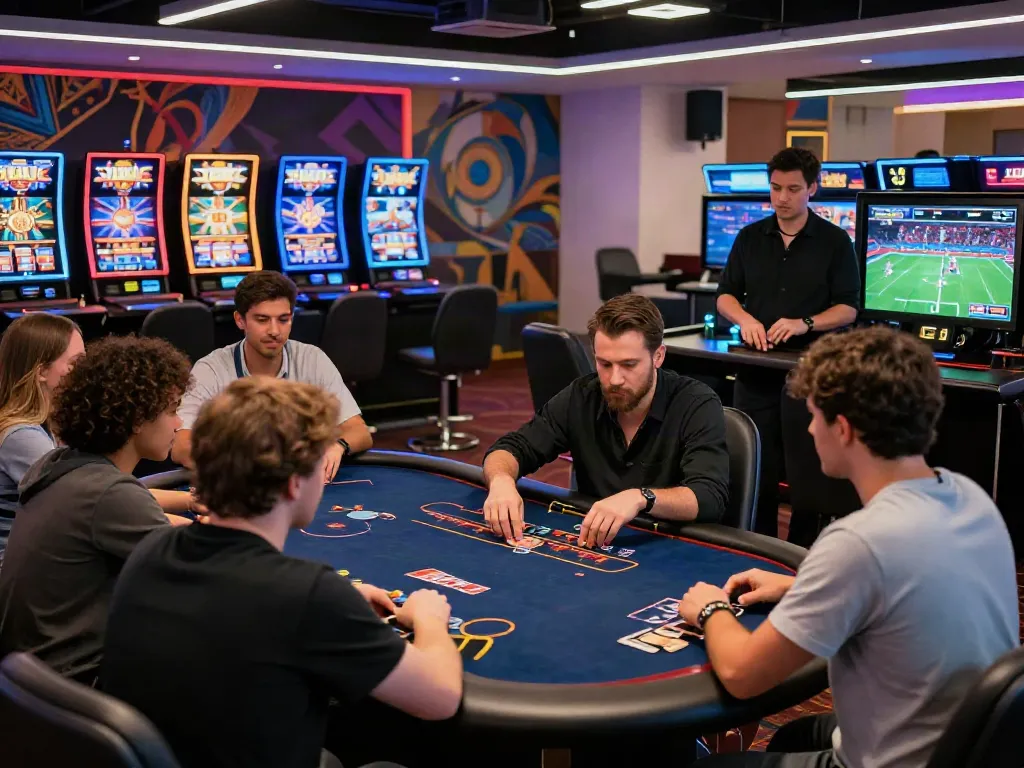 Engaging online gaming scene at 9Bet with diverse players at tables and vibrant screens.