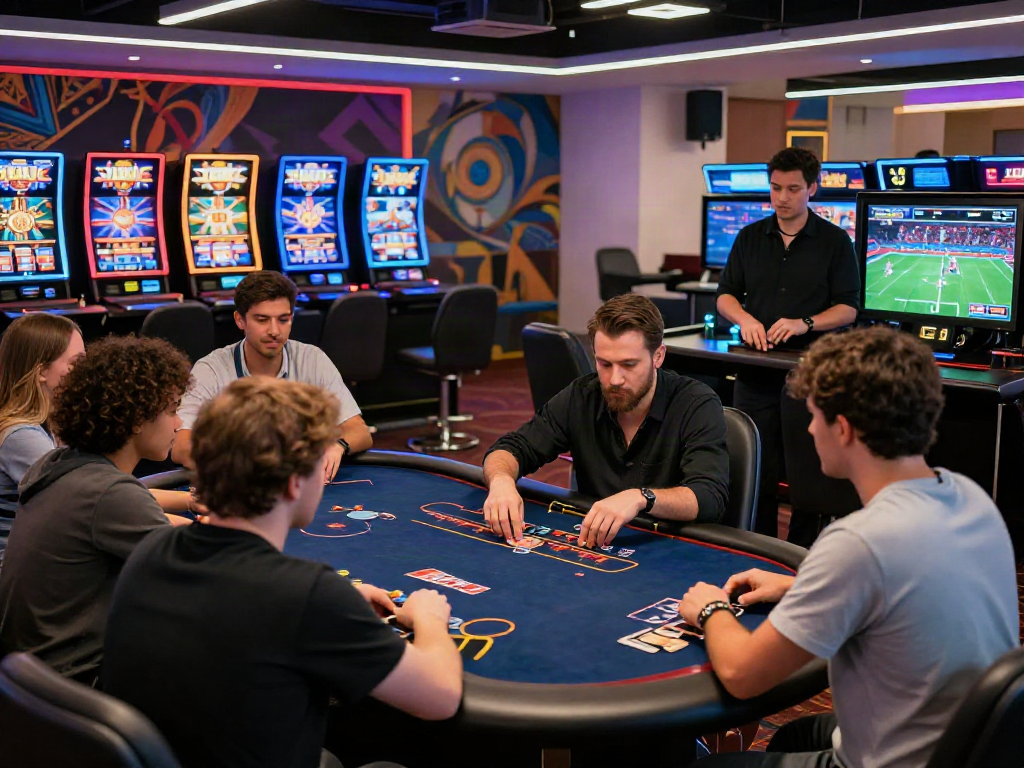 Engaging online gaming scene at 9Bet with diverse players at tables and vibrant screens.