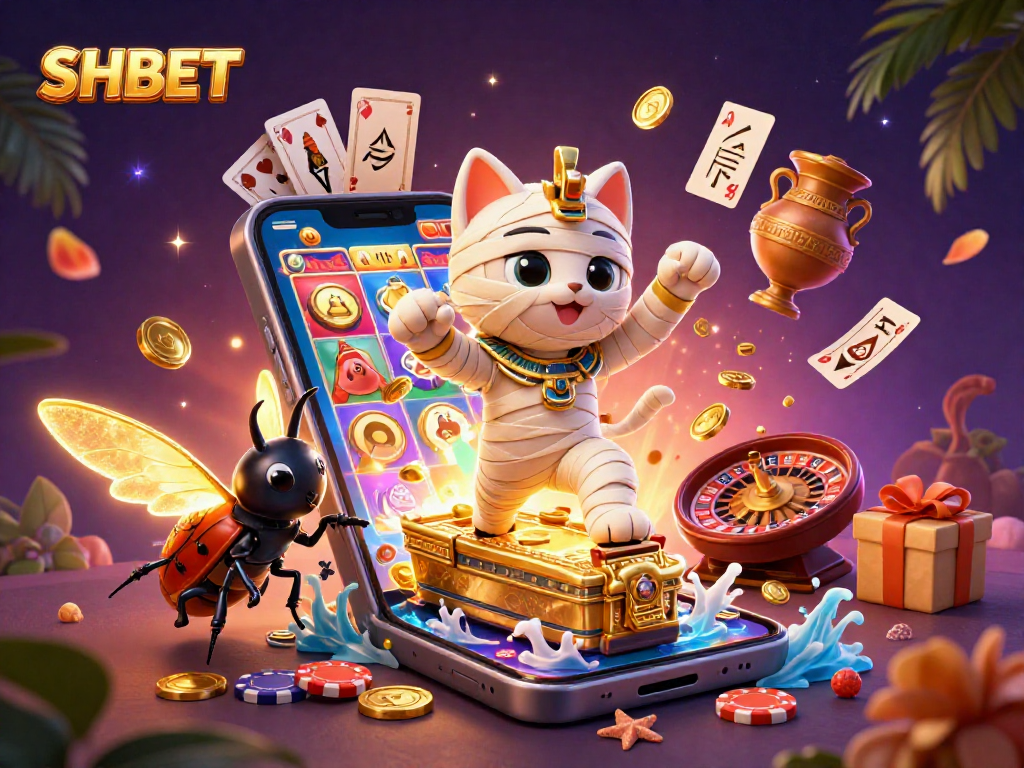 Experience thrilling gaming action with SHBET's vibrant casino illustration featuring an Egyptian mummy cat.