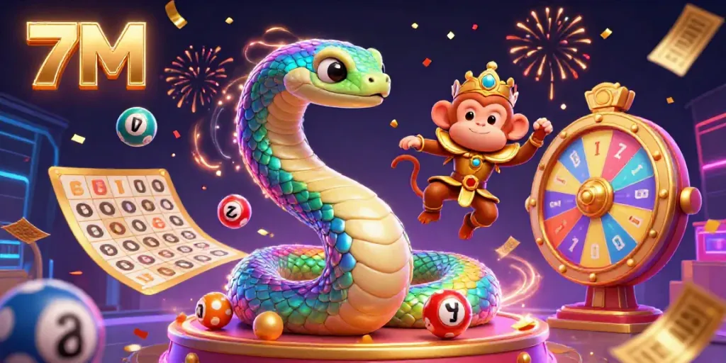 Engage with 7M's vibrant illustration of a rainbow serpent and monkey king amidst a dynamic lottery scene.