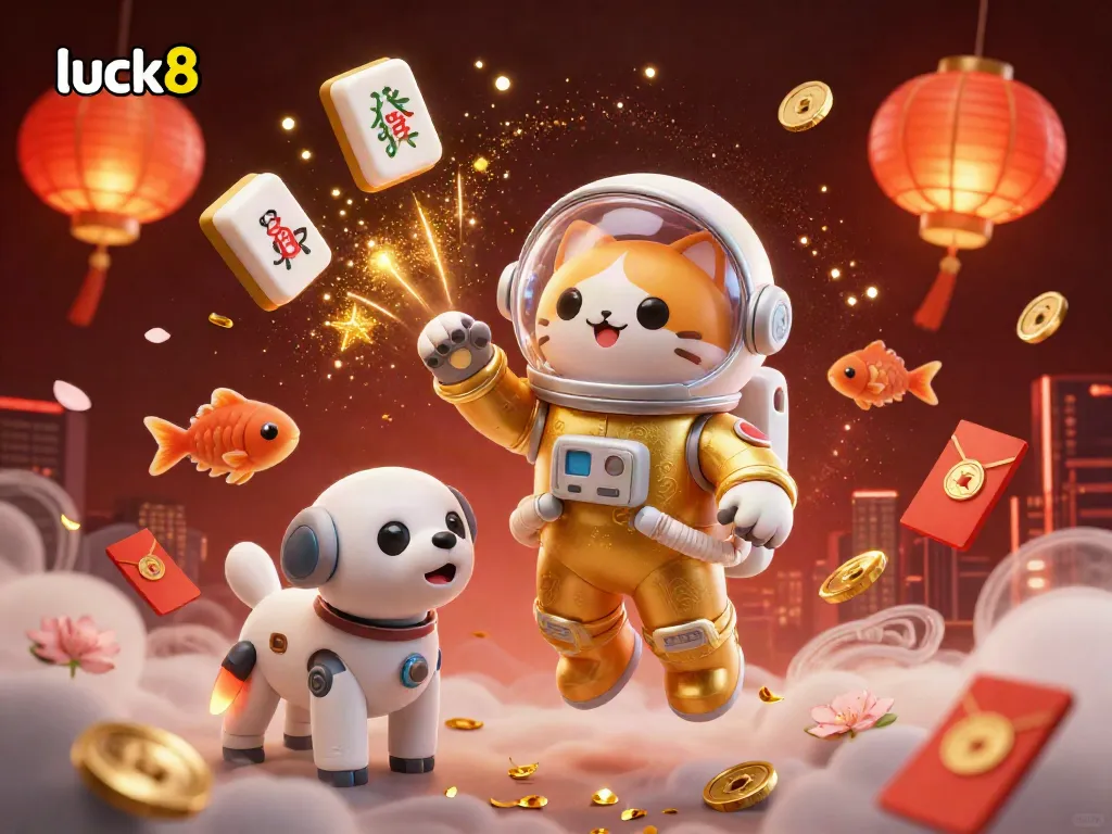 Experience the thrilling world of luck8 with a vibrant 3D casino scene featuring a golden astronaut cat and robotic dog amid dynamic gaming elements.