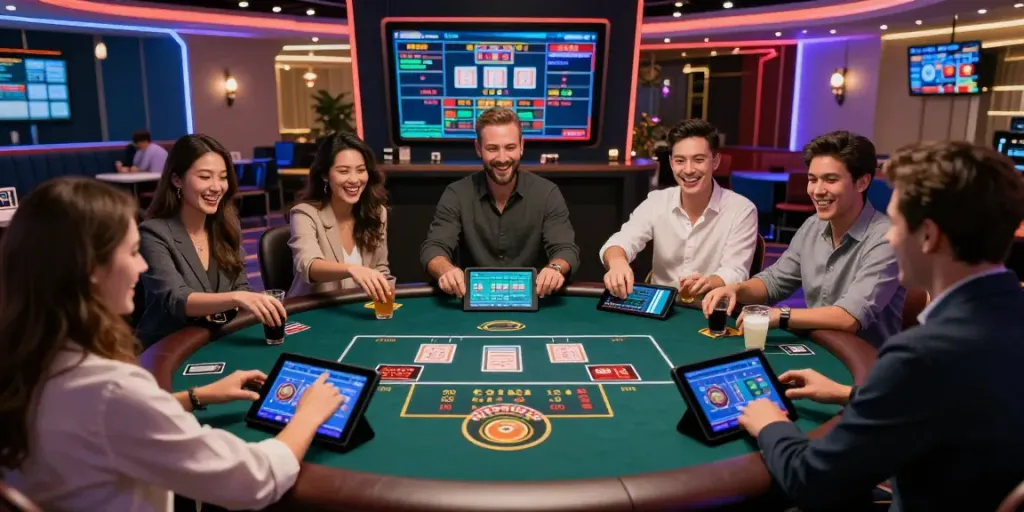 Exciting scene of players in a casino setting, enjoying live dealer games at online casinos that accept credit cards.