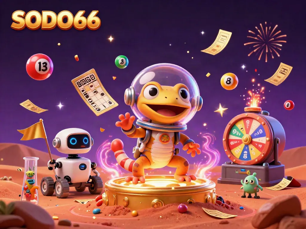 Experience the thrilling SODO66 casino universe with a Martian gecko, golden treasures, and exciting gambling elements.