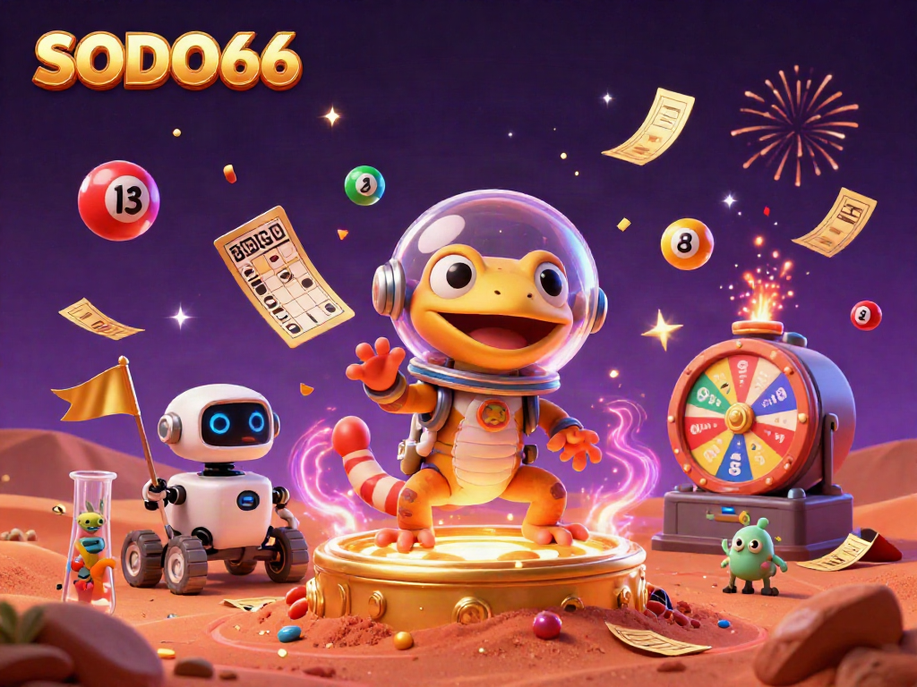 Experience the thrilling SODO66 casino universe with a Martian gecko, golden treasures, and exciting gambling elements.