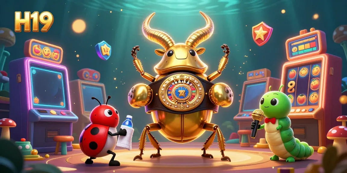 Engage with the vibrant H19 casino showdown featuring a golden beetle and slot machines in action.