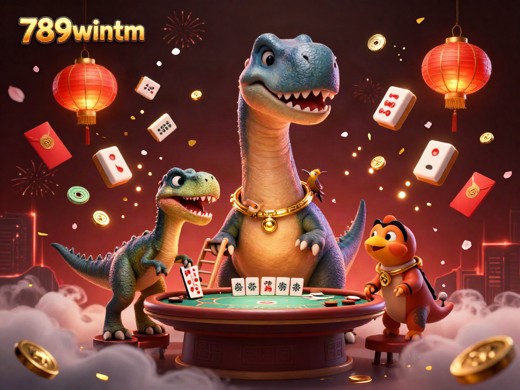 Experience thrilling gameplay at 789wintm with vibrant 3D casino illustration depicting dinosaurs and games.