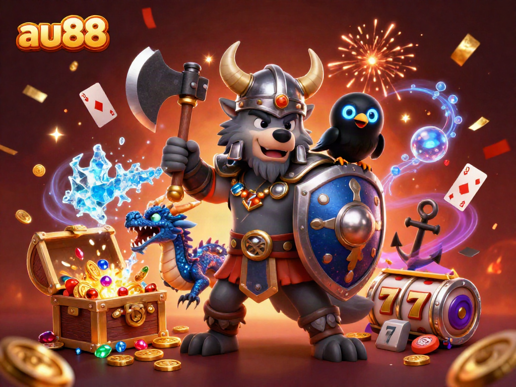 Experience the winning thrill at au88 with a Viking warrior, dragon, and treasures!