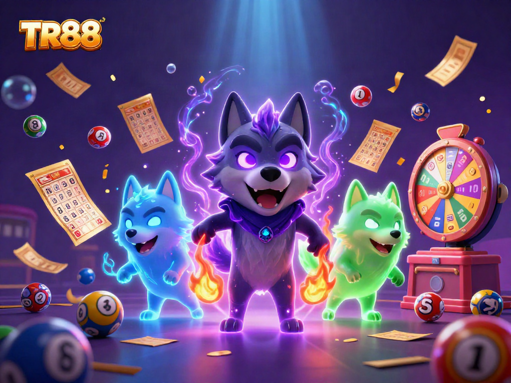 Engage with TR88's thrilling lottery experience through dynamic colorful elements and energetic characters.