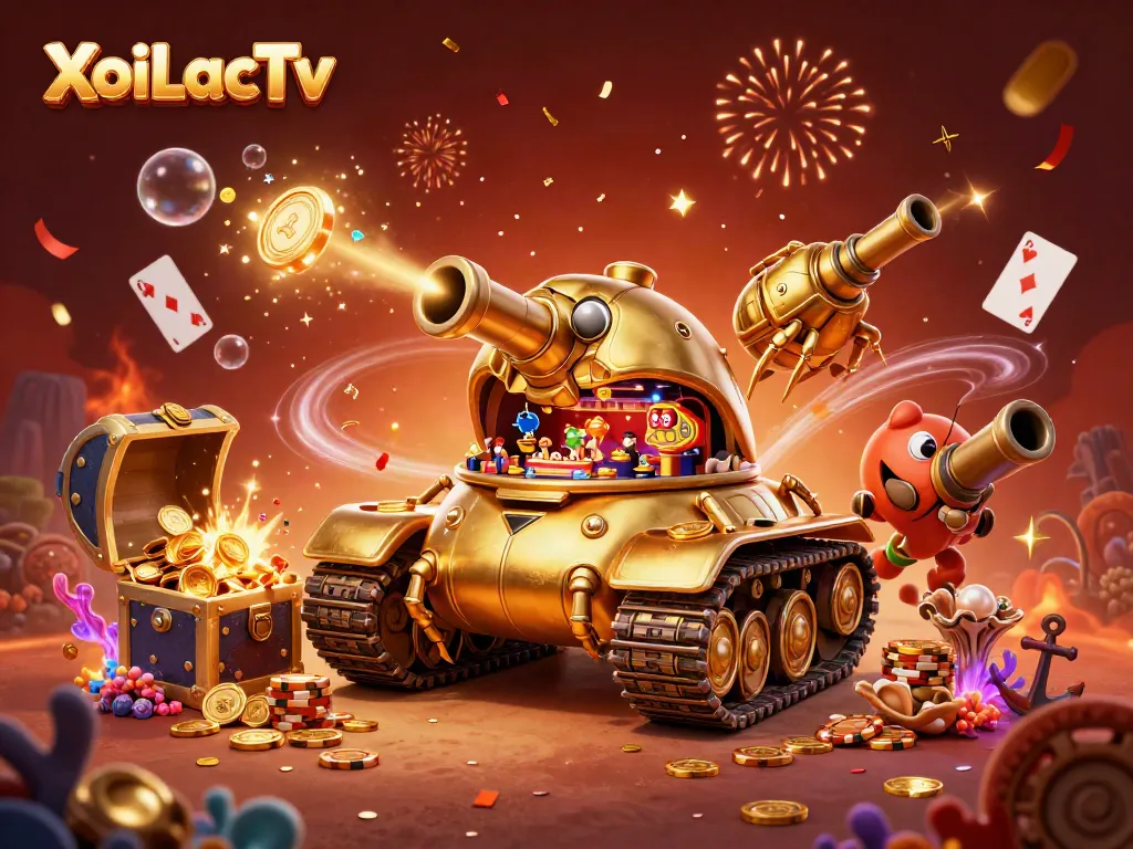 XoiLacTv casino illustration with a golden beetle tank showcasing dynamic gambling elements and vibrant visuals.