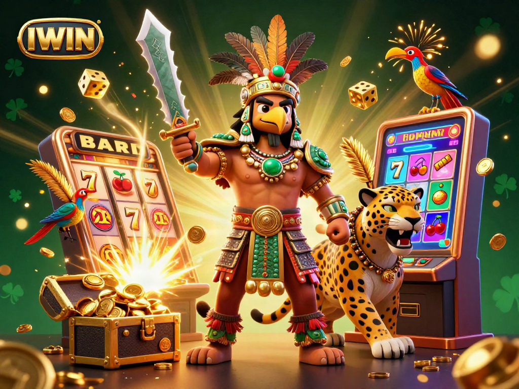 IWIN slot gaming adventure featuring an Aztec warrior and jaguar with vibrant casino elements.