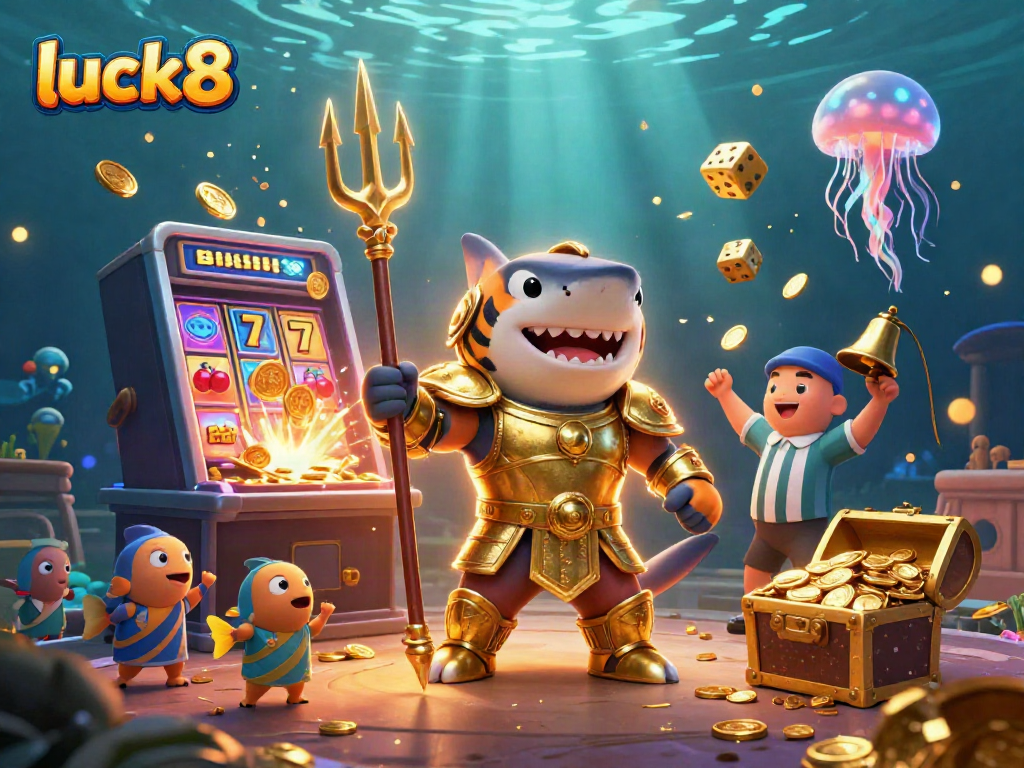Experience jackpot excitement with luck8 as a shark hero leads a casino undersea adventure.