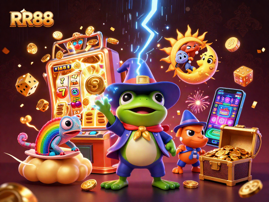RR88 players enjoy a vibrant casino experience with golden coins, slot machines, and dynamic characters.