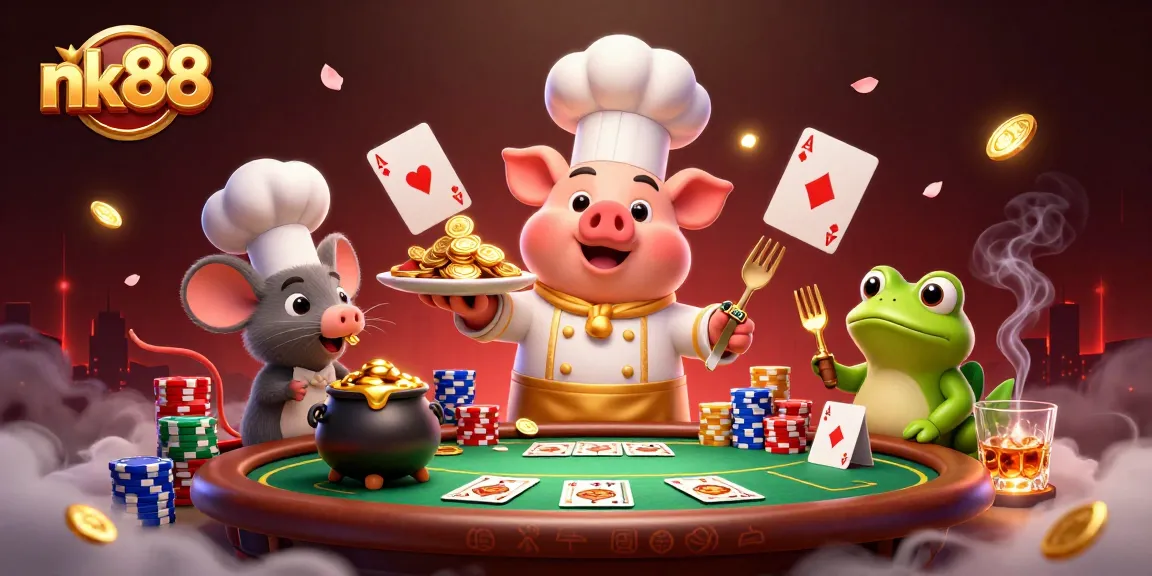 Engage in dynamic gaming as nk88 showcases a chef pig, gold, and thrilling poker elements.