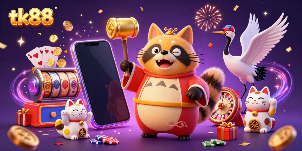 Enjoy thrilling gaming with tk88 as a cheerful tanuki holds a lucky mallet, surrounded by fortune cats.