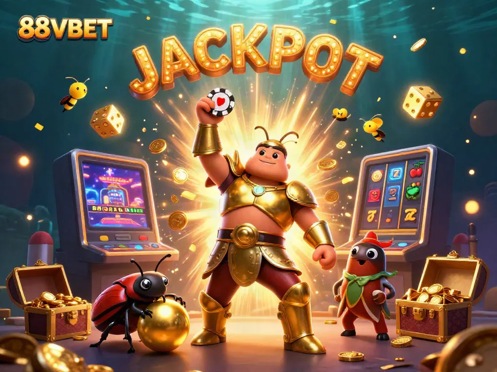 88VBET showcases a lively scene with a heroic beetle championing a poker chip, surrounded by tokens of casino luck and excitement.
