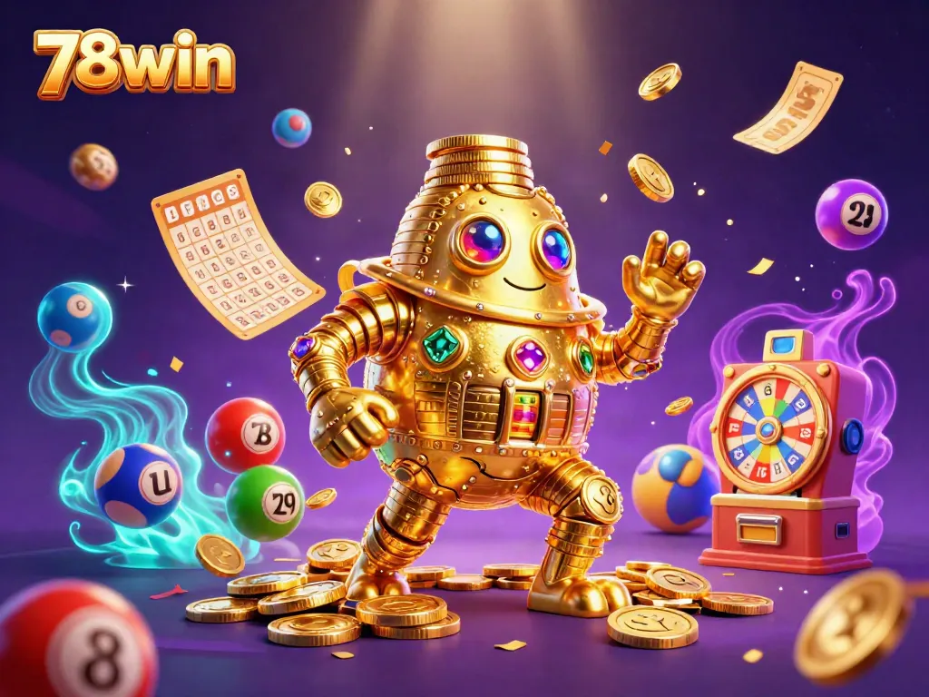 Experience the excitement of 78win through a vibrant illustration featuring a golden golem amidst colorful lottery elements and dynamic casino decorations.