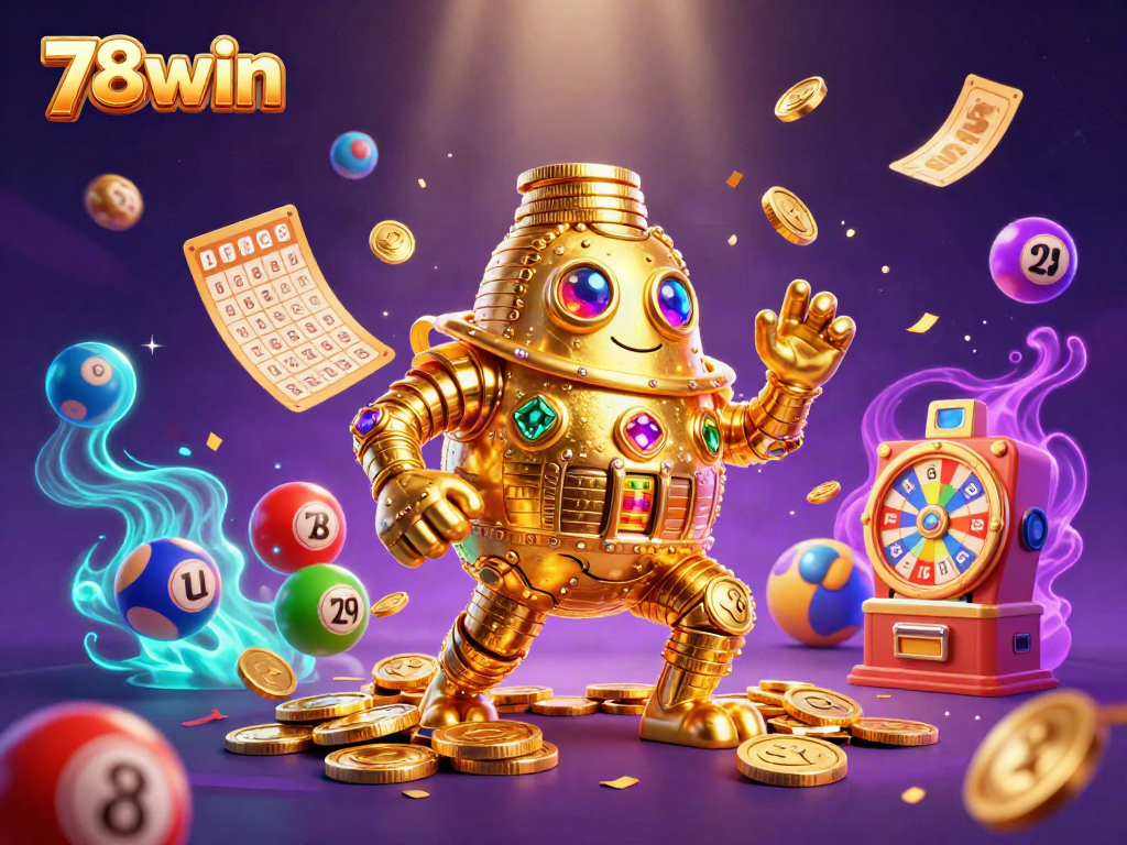 Experience the excitement of 78win through a vibrant illustration featuring a golden golem amidst colorful lottery elements and dynamic casino decorations.