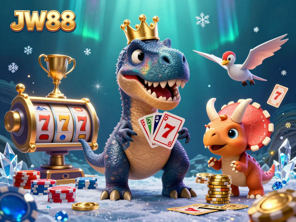 Engage with JW88, where a T-Rex shuffles cards and a pterodactyl aids in a vibrant casino scene.
