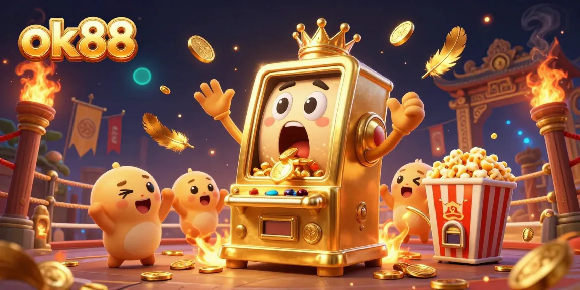 ok88 slot machine hits a jackpot amidst vibrant casino atmosphere with cheering machines.
