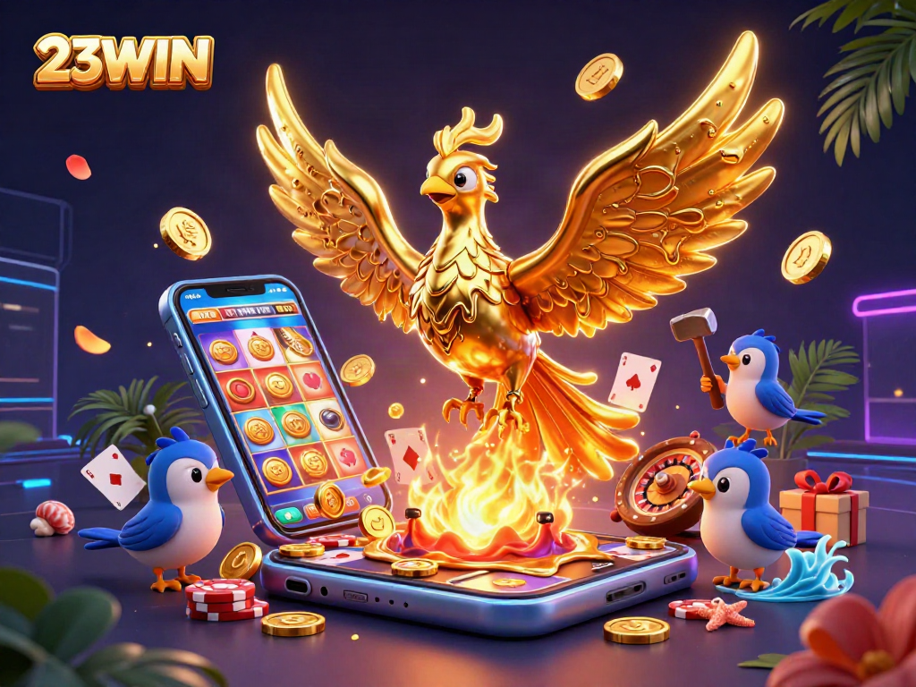 Win big at 23WIN while witnessing a golden phoenix and vibrant slot games in 3D art