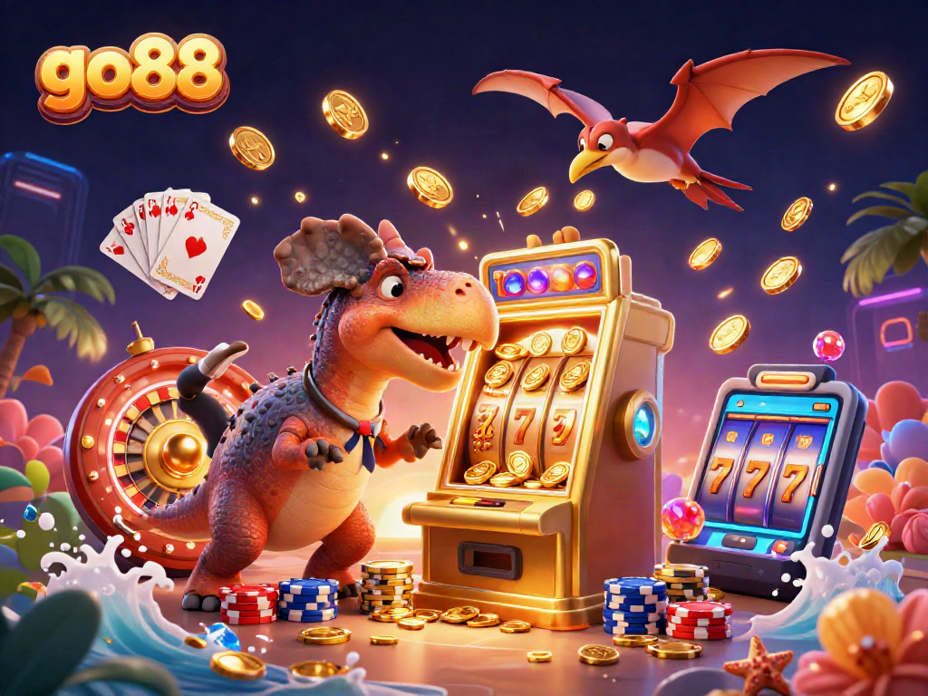 Experience exciting jackpots at go88 as dinosaurs play at the slots, winning cascading coins!