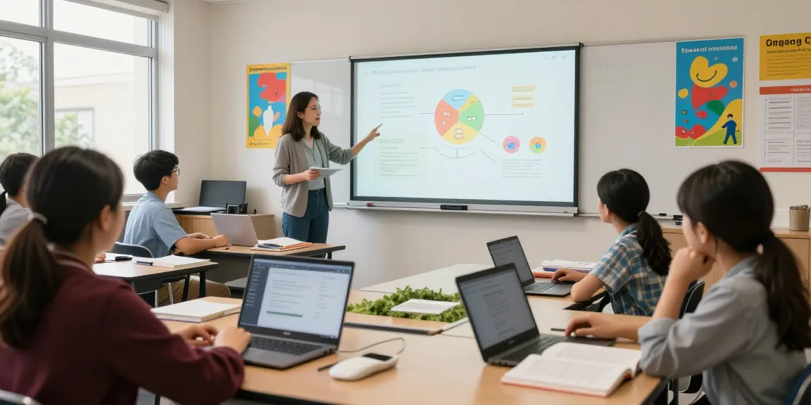 Vibrant classroom scene showing students using education tools and engaging with the teacher about 123b policies.
