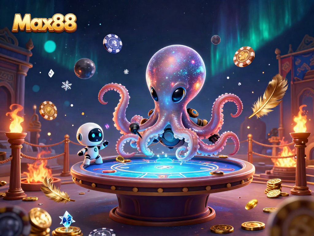 Experience thrilling gaming action with Max88 in a vibrant 3D casino universe, featuring an alien octopus and interactive poker.