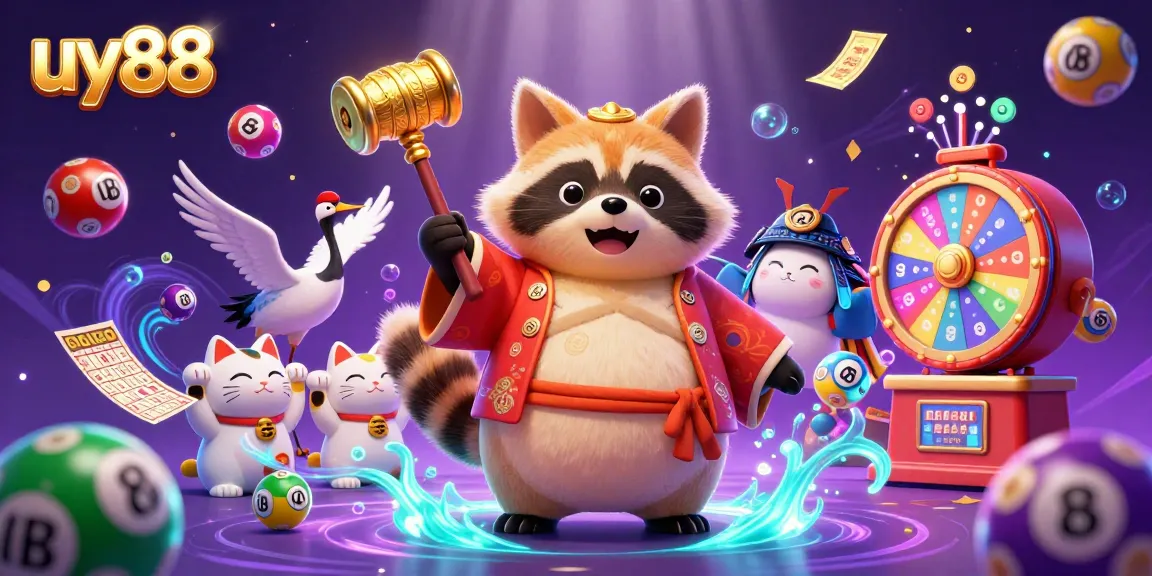 Experience the excitement of uy88 with colorful balls and lucky tanuki in a vibrant casino scene.