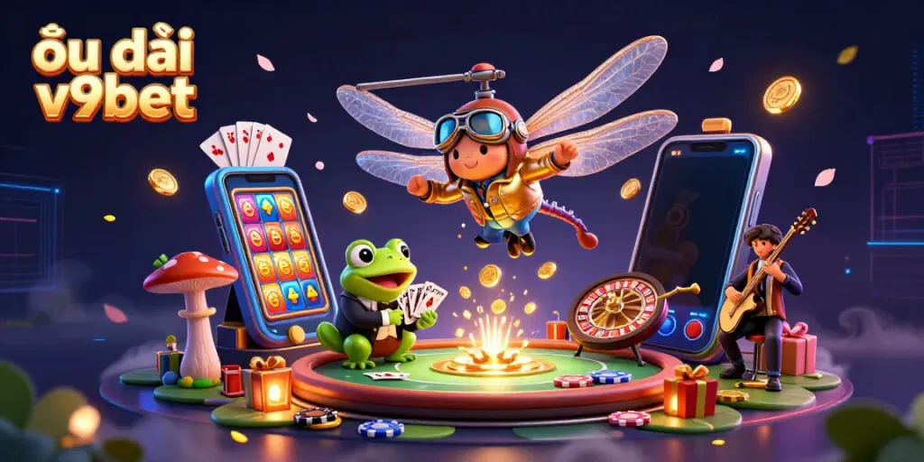 Play exciting games with ưu đãi v9bet at a vibrant lily pad casino featuring whimsical characters.