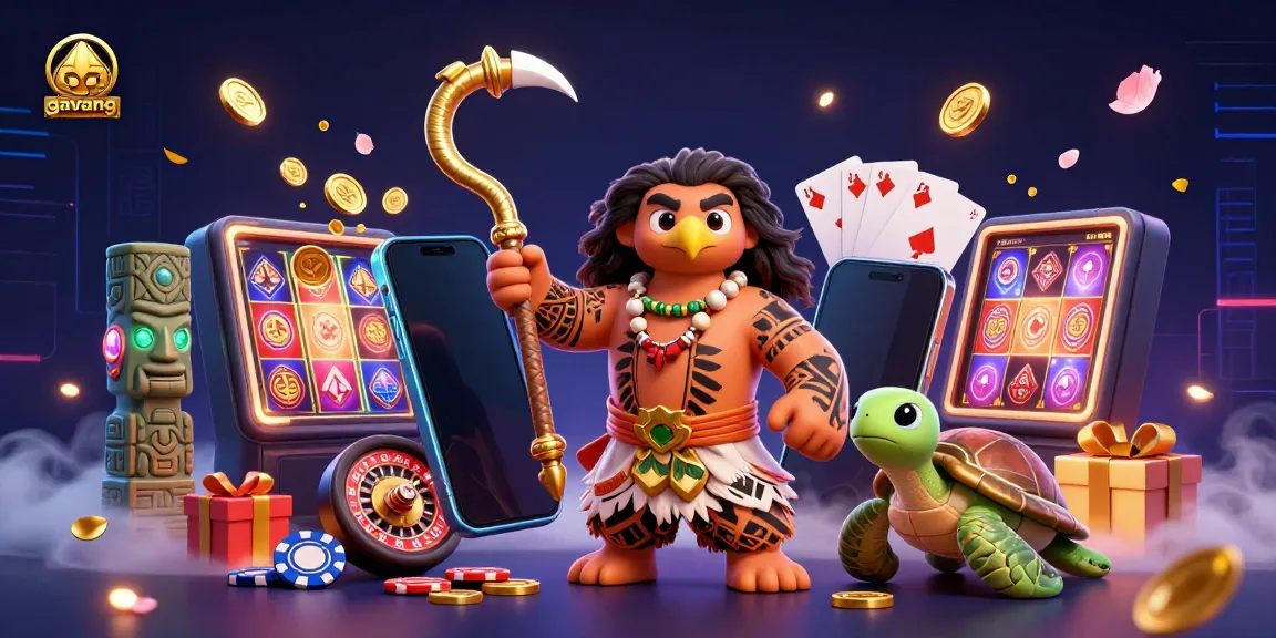 Experience thrilling casino action with Gavang's playful hawk and turtle in a vibrant digital illustration.