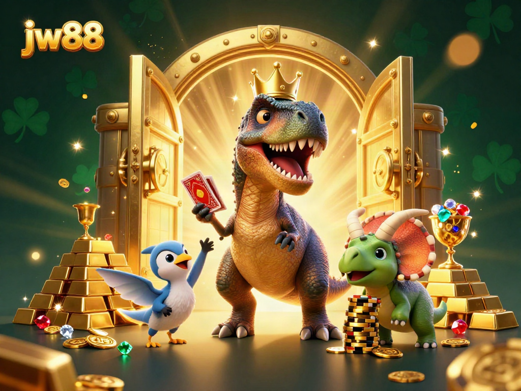 Engage with the fun of jw88 as a T-Rex deals cards while a triceratops stacks chips in a lively casino.