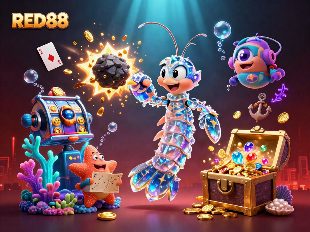 Engage in the thrilling world of RED88 with a 3D cartoon samurai mantis shrimp amidst exploding treasure, vibrant casino elements.