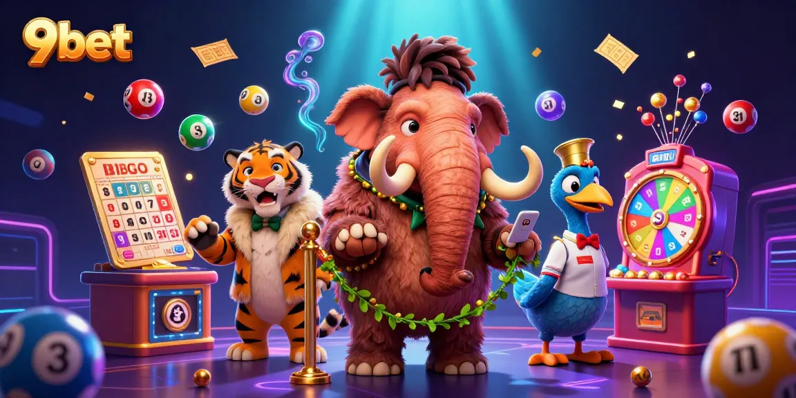 Engage with the 9bet casino experience featuring a woolly mammoth bouncer and vibrant lottery elements.