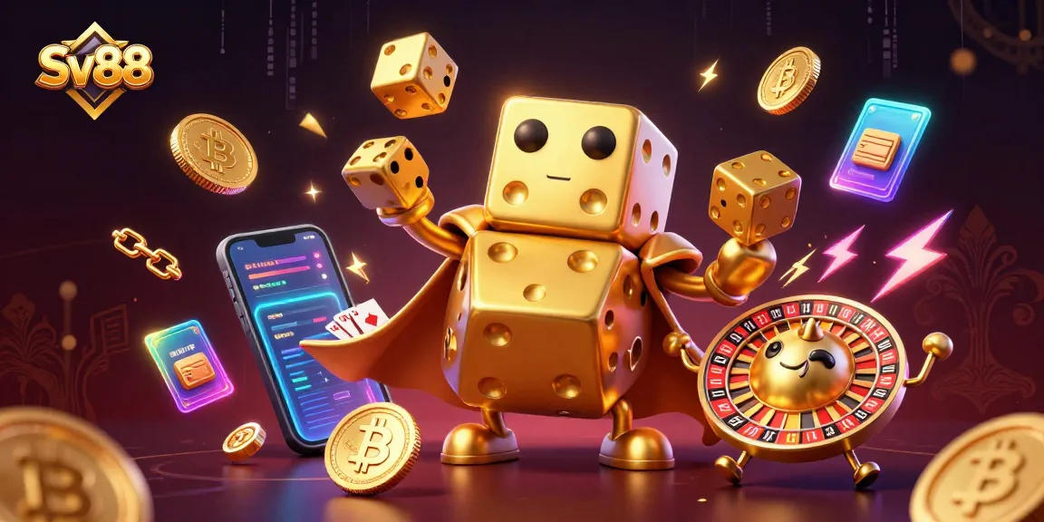 Win big with Sv88 at this vibrant 3D casino scene featuring golden dice and crypto elements.