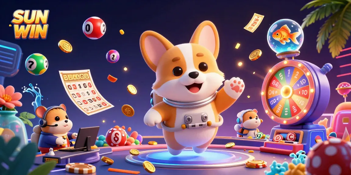 SUN WIN casino scene featuring a floating corgi, poker elements, and dynamic lottery balls
