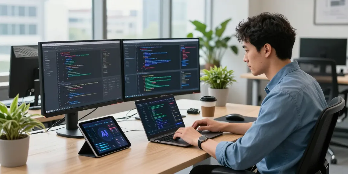 Developer working on an AI laptop in a modern tech workspace, showcasing productivity and innovation.
