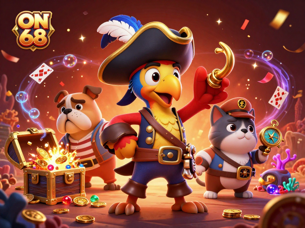 Experience the excitement of ON 68 with pirate-themed 3D illustration showcasing vibrant gaming elements.