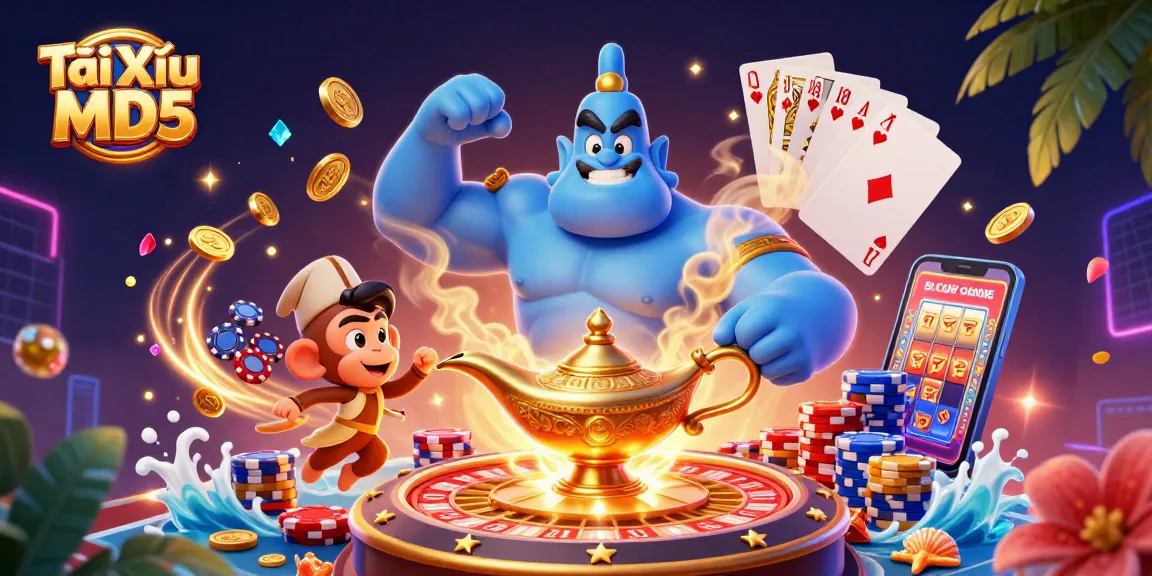 Experience Tài Xỉu MD5 with vibrant casino elements and dynamic characters surrounded by gaming excitement.