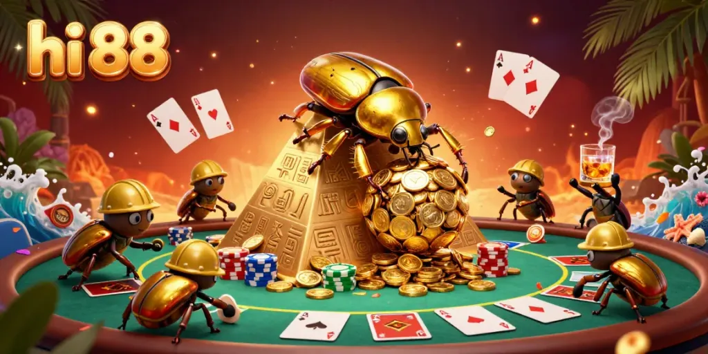 Engage with hi 88 as the golden beetle rolls coins in a dynamic casino scene.