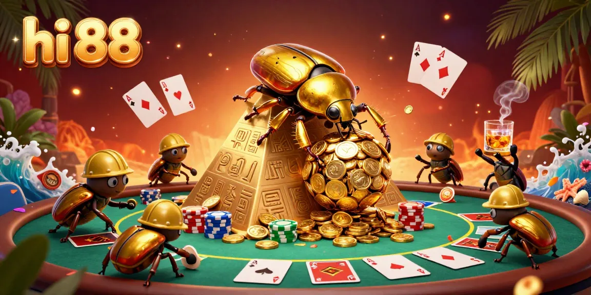 Engage with hi 88 as the golden beetle rolls coins in a dynamic casino scene.