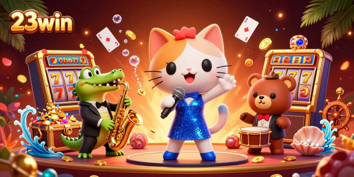 Experience the 23win casino game with lively cartoon characters performing on stage.