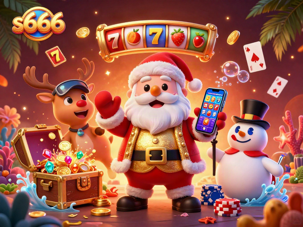 Experience the excitement of s666 with Santa Claus and friends in a vibrant casino scene filled with jackpots and treasures.